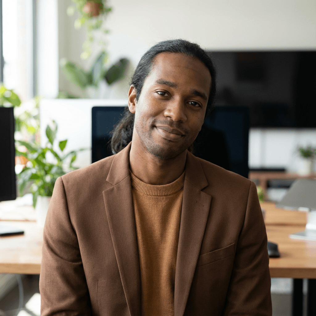 David Mensah in a button-down shirt in a bright kitchen