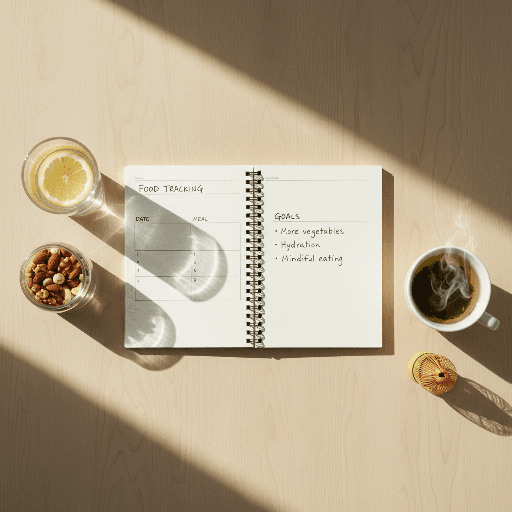 Overhead view of a nutrition consultation notebook and healthy snack