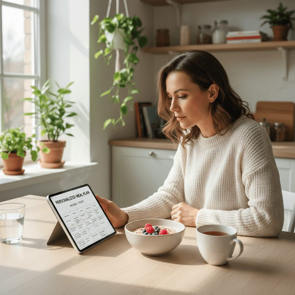 Woman reviewing a personalized meal plan at a bright kitchen table