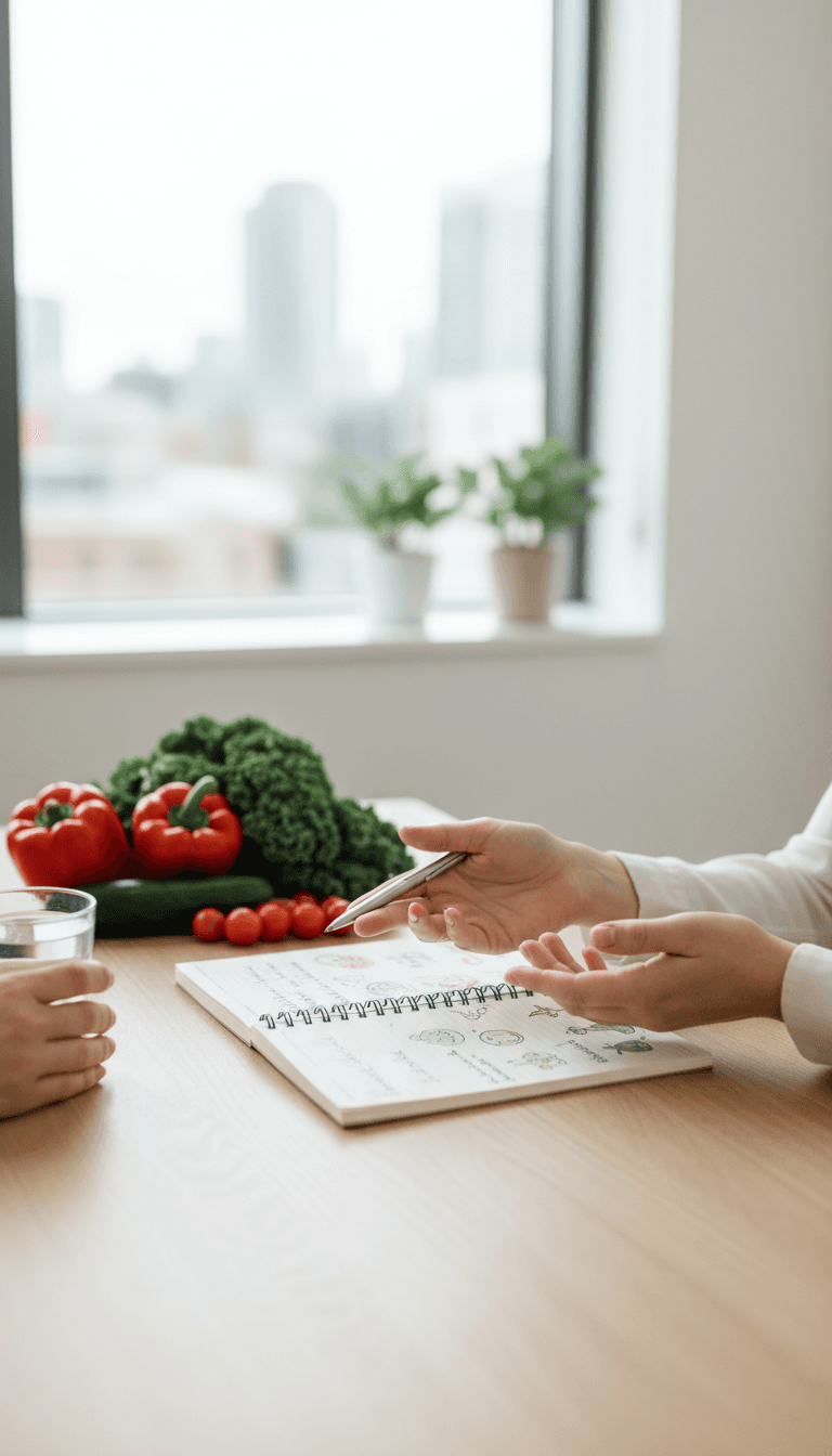 Nutritionist reviewing a meal plan with a client in a bright clinic office