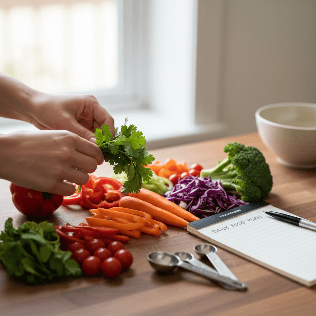 Nutritionist arranging fresh vegetables on a wooden counter