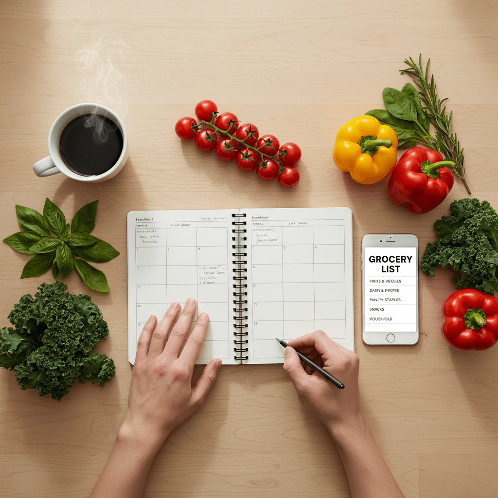 Weekly meal plan notebook with herbal tea on a table