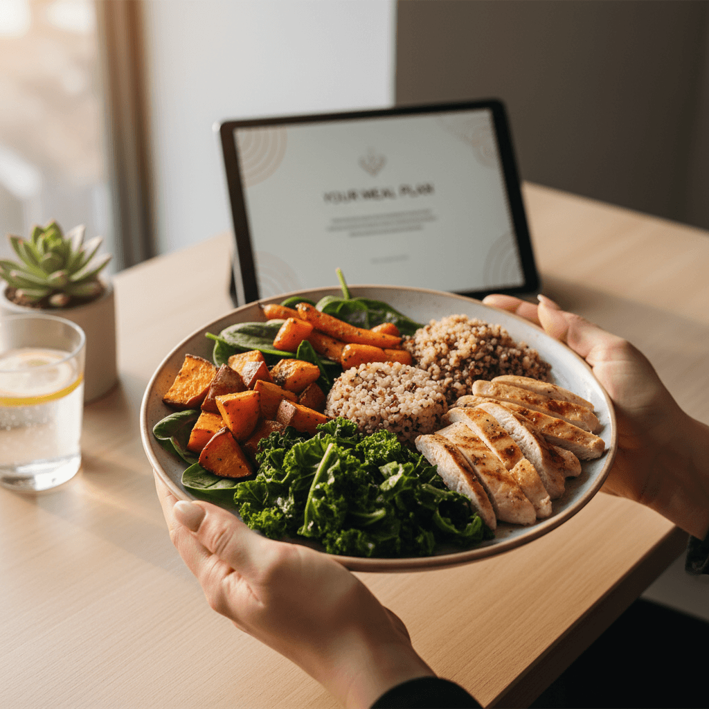 Fresh vegetable salad bowl on a wooden table in a bright clinic