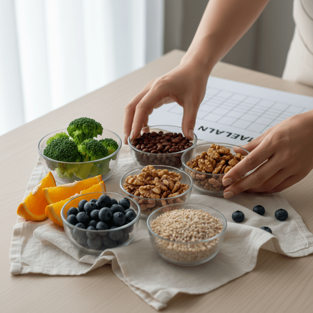 Nutritionist arranging a colorful grain bowl in a bright kitchen