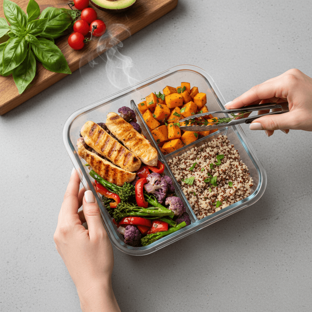 Colorful balanced meal prep containers arranged on a light kitchen countertop