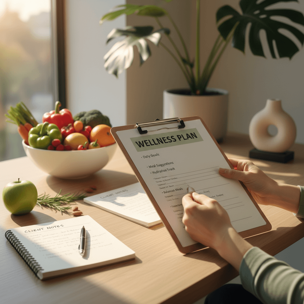 Nutritionist reviewing personalized meal plan notes at clinic desk