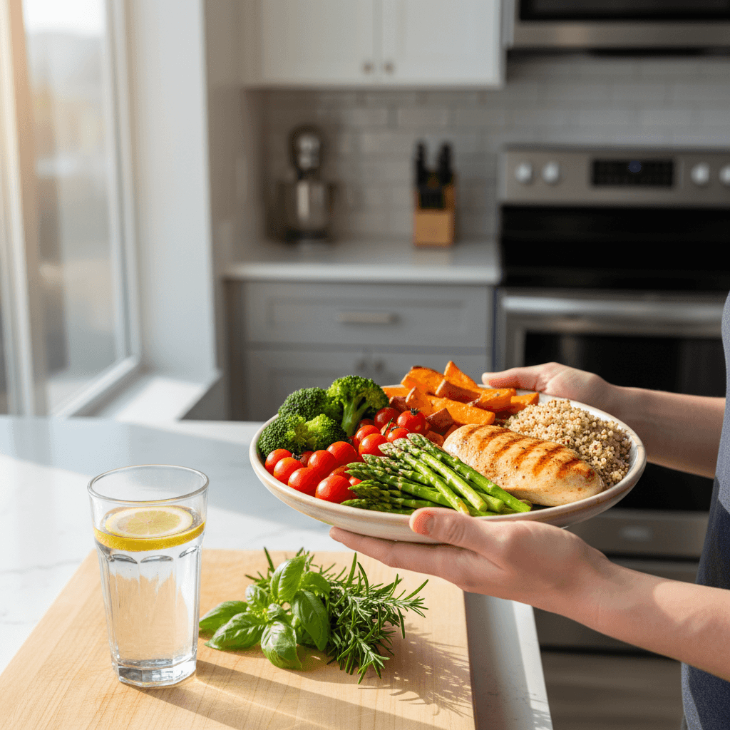 Hands assembling a balanced meal with fresh vegetables and grains